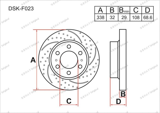 Диск перфорированный, слотированный, вентилируемый GERAT ORIGINAL DSKF023