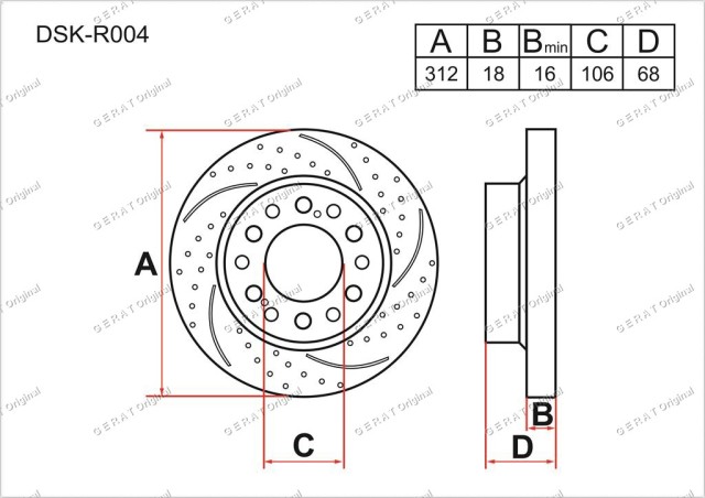 Диск перфорированный, слотированный, вентилируемый GERAT ORIGINAL DSKR004