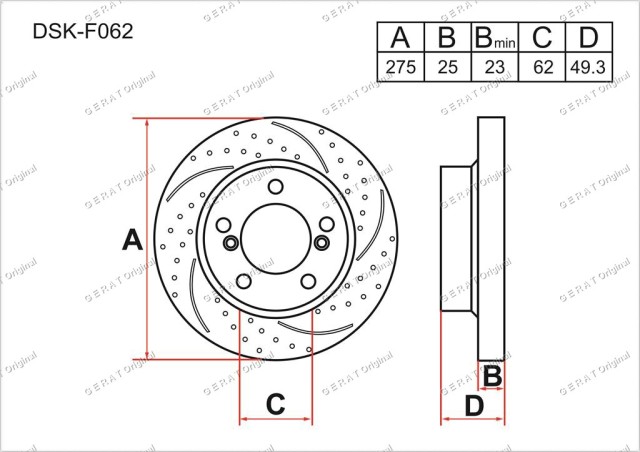 Диск перфорированный, слотированный, вентилируемый GERAT ORIGINAL DSKF062