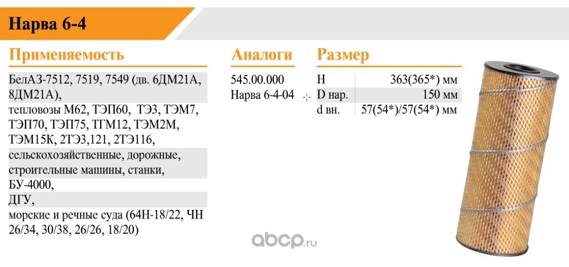 Элемент фильтрующий очистки масла БЕЛТИЗ НАРВА64