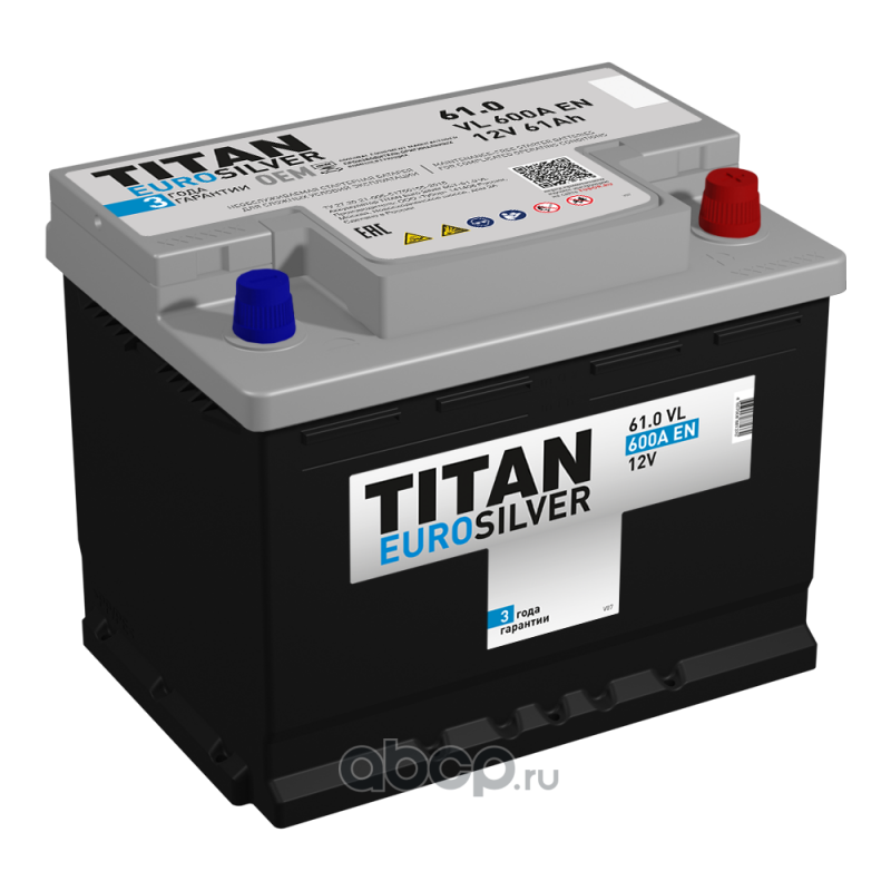 6СТ610VL TITAN Батарея аккумуляторная TITAN EUROSILVER 61А/ч 600А 12V Обратная полярн. стандартные клеммы