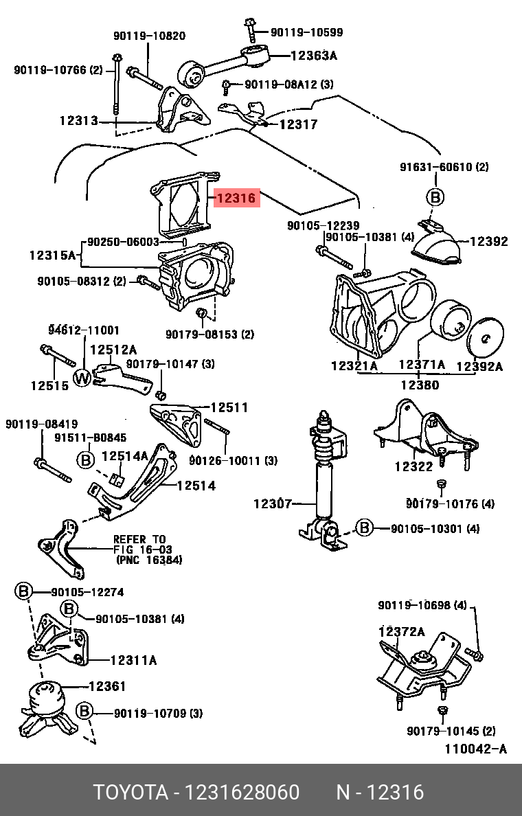 1231628060 TOYOTA BRACKET, ENGINE MOUNTING, NO.2 RH