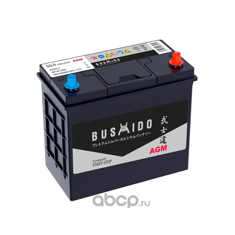 S46B24L BUSHIDO Батарея аккумуляторная 50А/ч 450А 12В обратная полярн. тонкие вынос. (Азия) клеммы