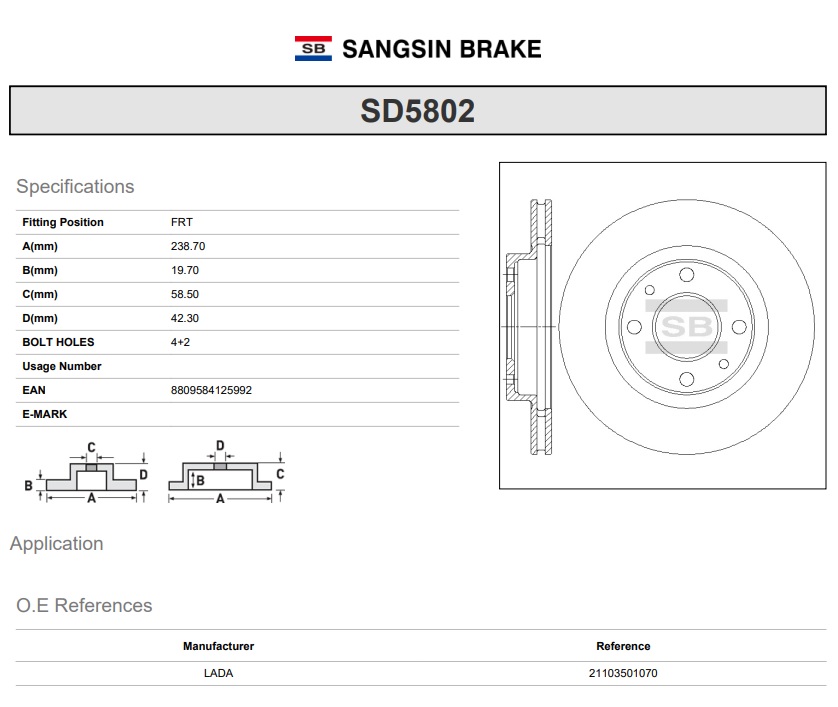 SD5802 SANGSIN BRAKE Диск тормозной SD5802