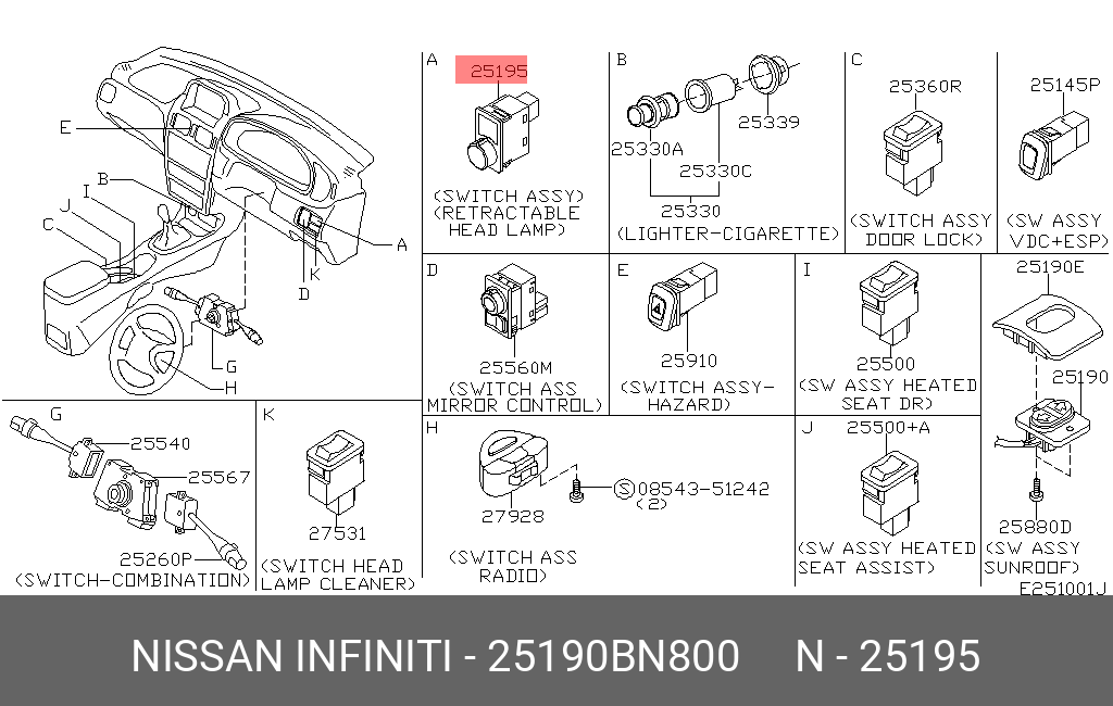 25190BN800 NISSAN SWITCH ASSY-RETRACTABLE HEADLAMP