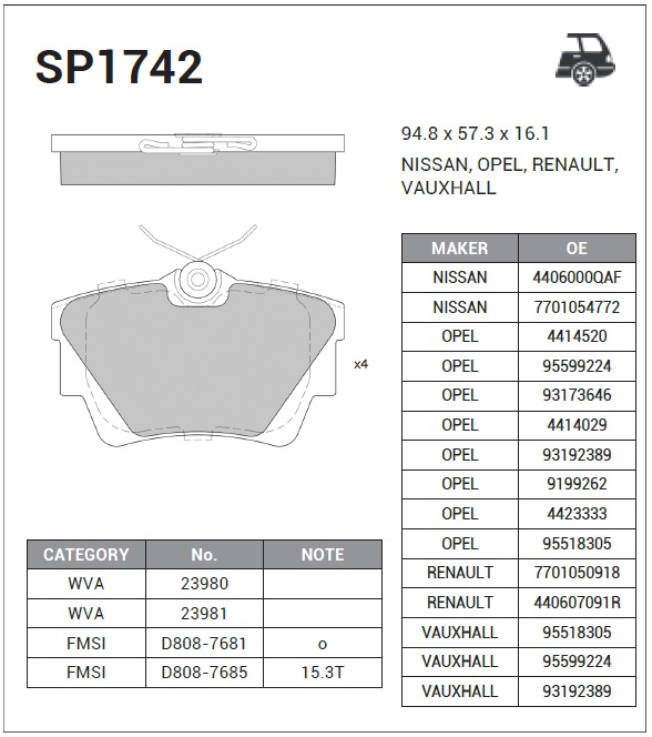 SP1742 SANGSIN BRAKE Колодки тормозные задние SP1742