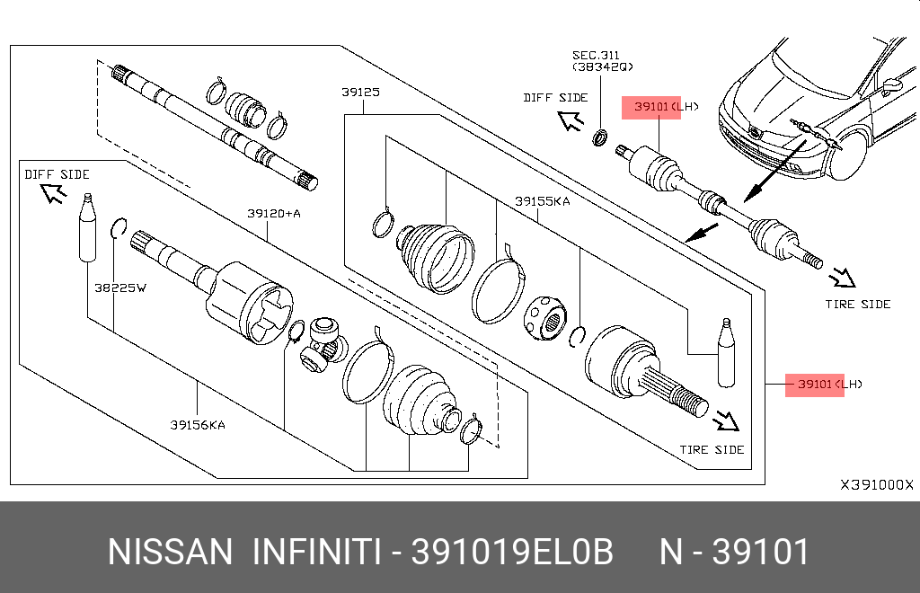 391019EL0B NISSAN Вал привода колеса в сборе с ШРУСами