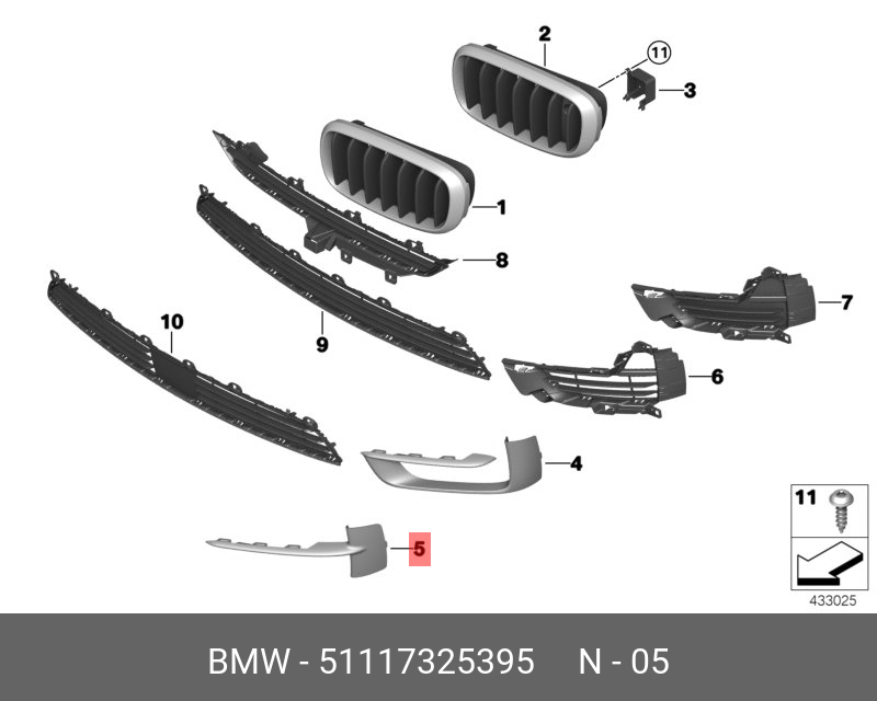 51117325395 BMW Декоративная накладка боковой решетки Л,SPANGE GITTER SEITLICH LINKS,MOULDING ASSY, PLASTIC