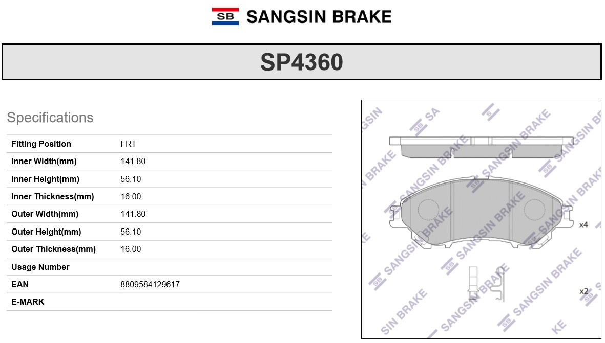 SP4360 SANGSIN BRAKE Колодки тормозные передние SP4360