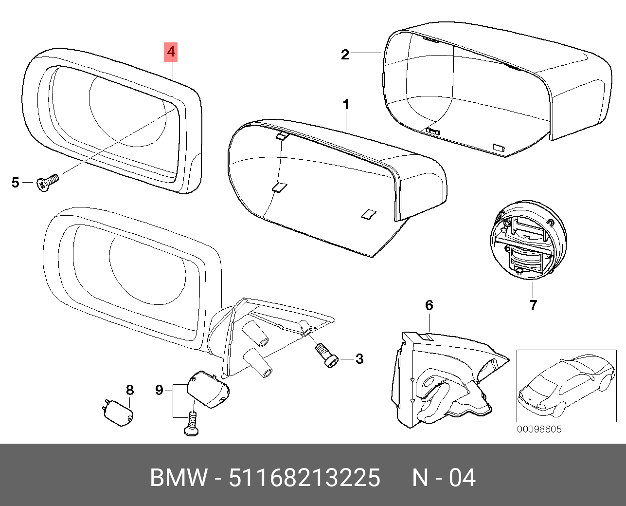 51167291517 BMW Наружное зеркало с обогр. без стекла Л,AUSSENSPIEGEL OHNE GLAS B