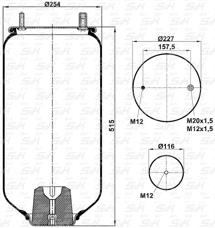 SK4159P01 S&K Пневморессора без поршня [Верх: 1*М12x1.5/М20x1.5 | 1*М12; Низ: 1*М12]