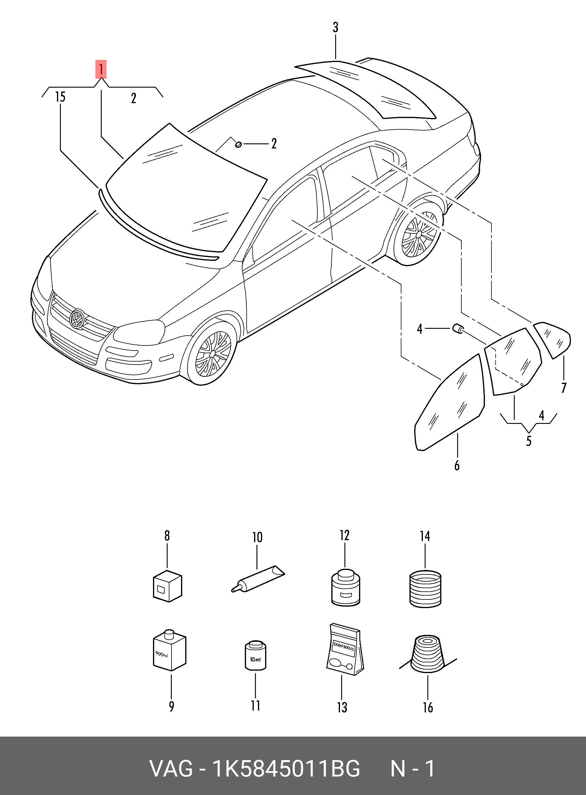 1K5845011BG VAG Стекло лобовое-под датчик дождя / VW Jetta 06~10