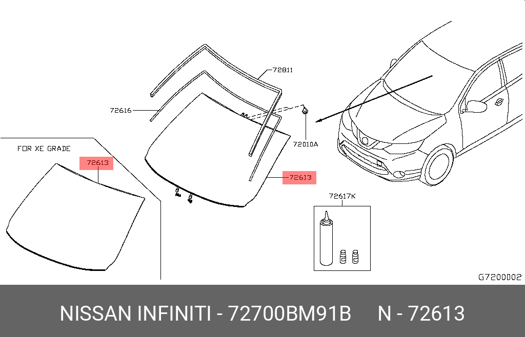 72700BM91B NISSAN Стекло ветровое