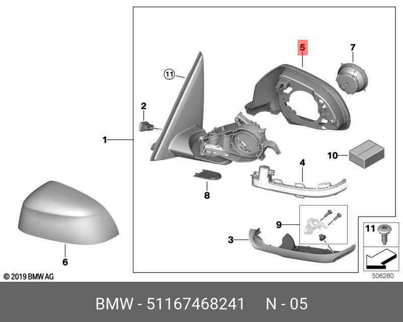 51167291517 BMW Наружное зеркало с обогр. без стекла Л,AUSSENSPIEGEL OHNE GLAS B