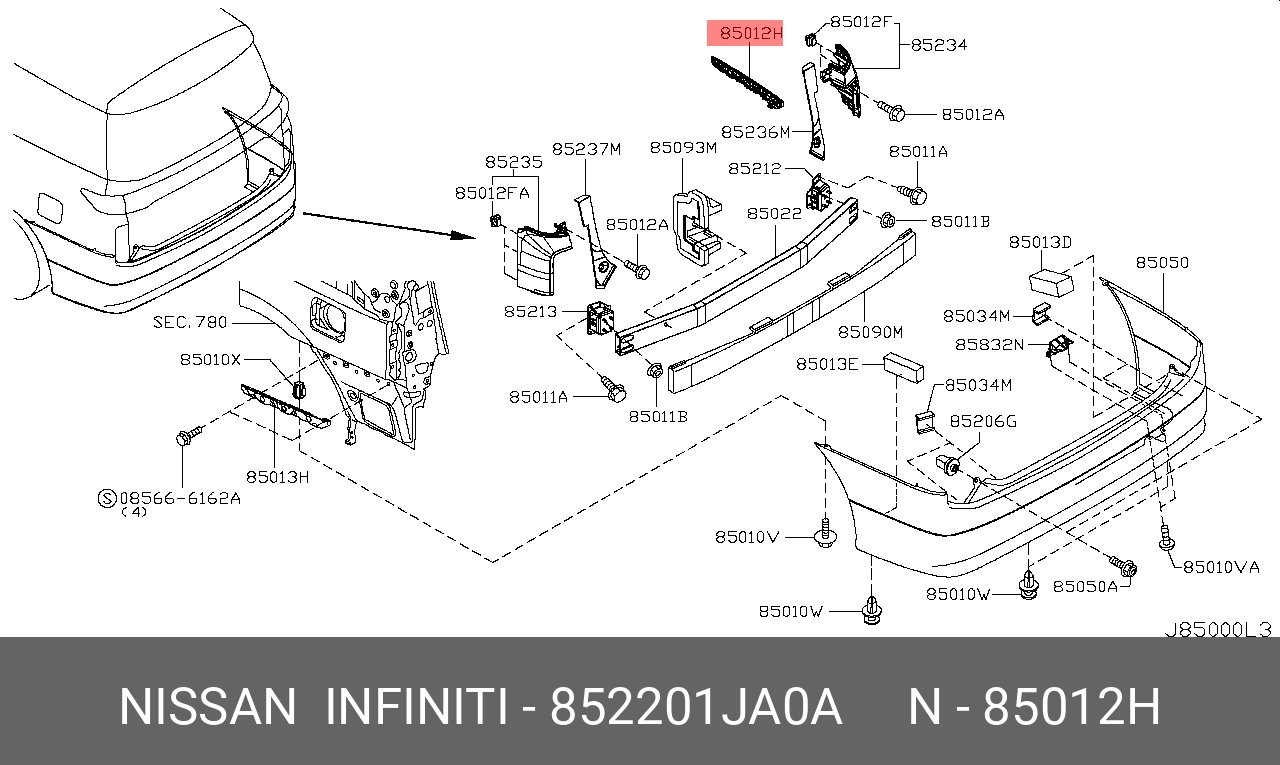 852201JA0A NISSAN BRACKET-REAR BUMPER SIDE,RH