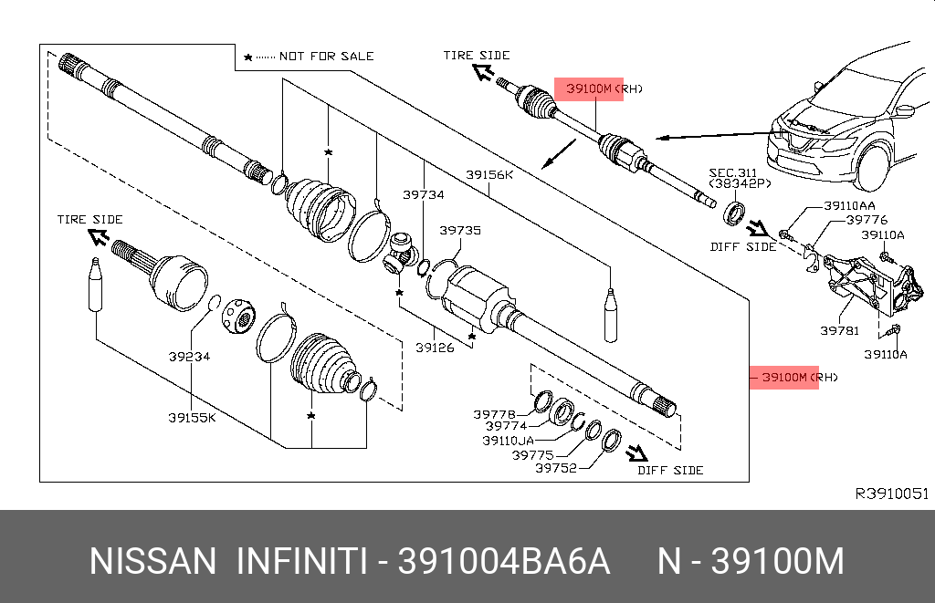 391004BA6A NISSAN Вал привода колеса в сборе с ШРУСами