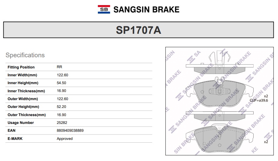 SP1707A SANGSIN BRAKE Колодки тормозные задние SP1707A