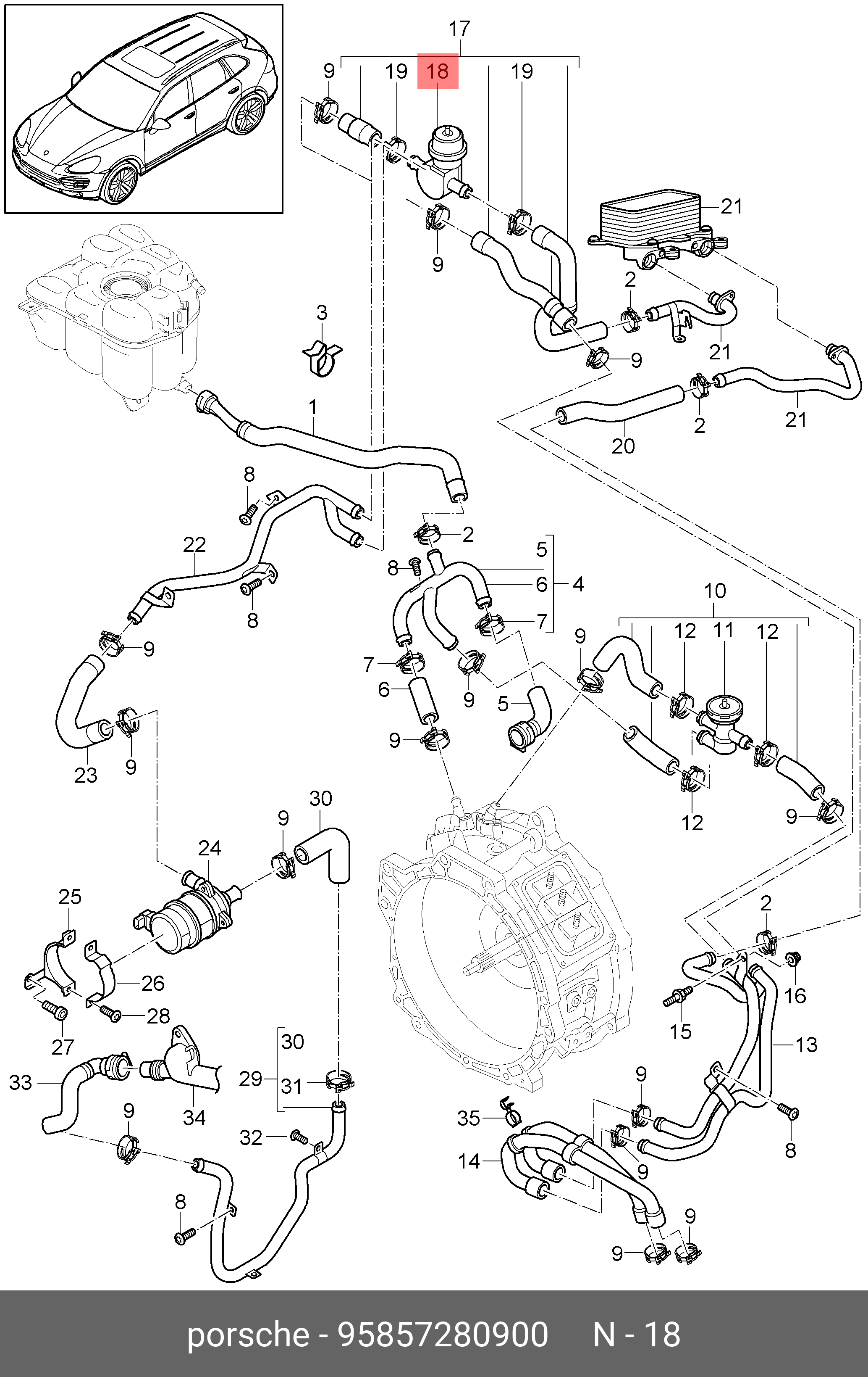 95857280900 PORSCHE Кран подвода ОЖ к отопопителю