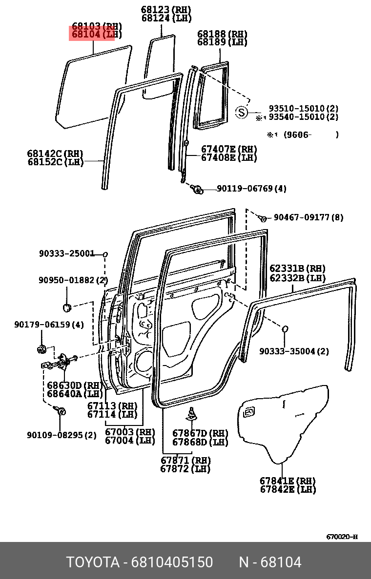 6810405150 TOYOTA Стекло двери задн. лев