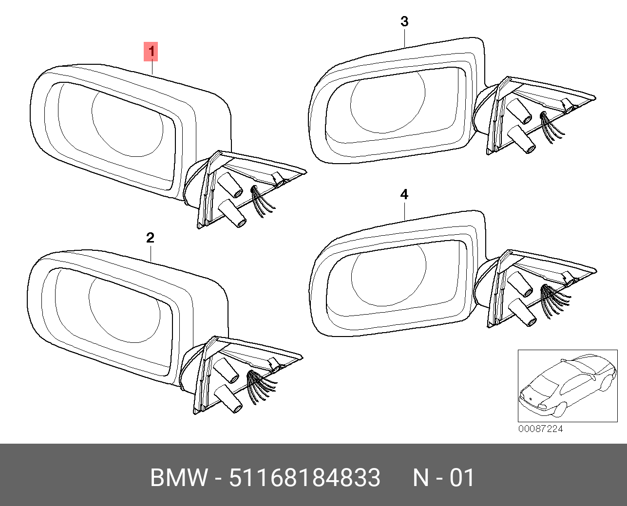 51168184833 BMW Наружное зеркало со стекл.с обогревом Л