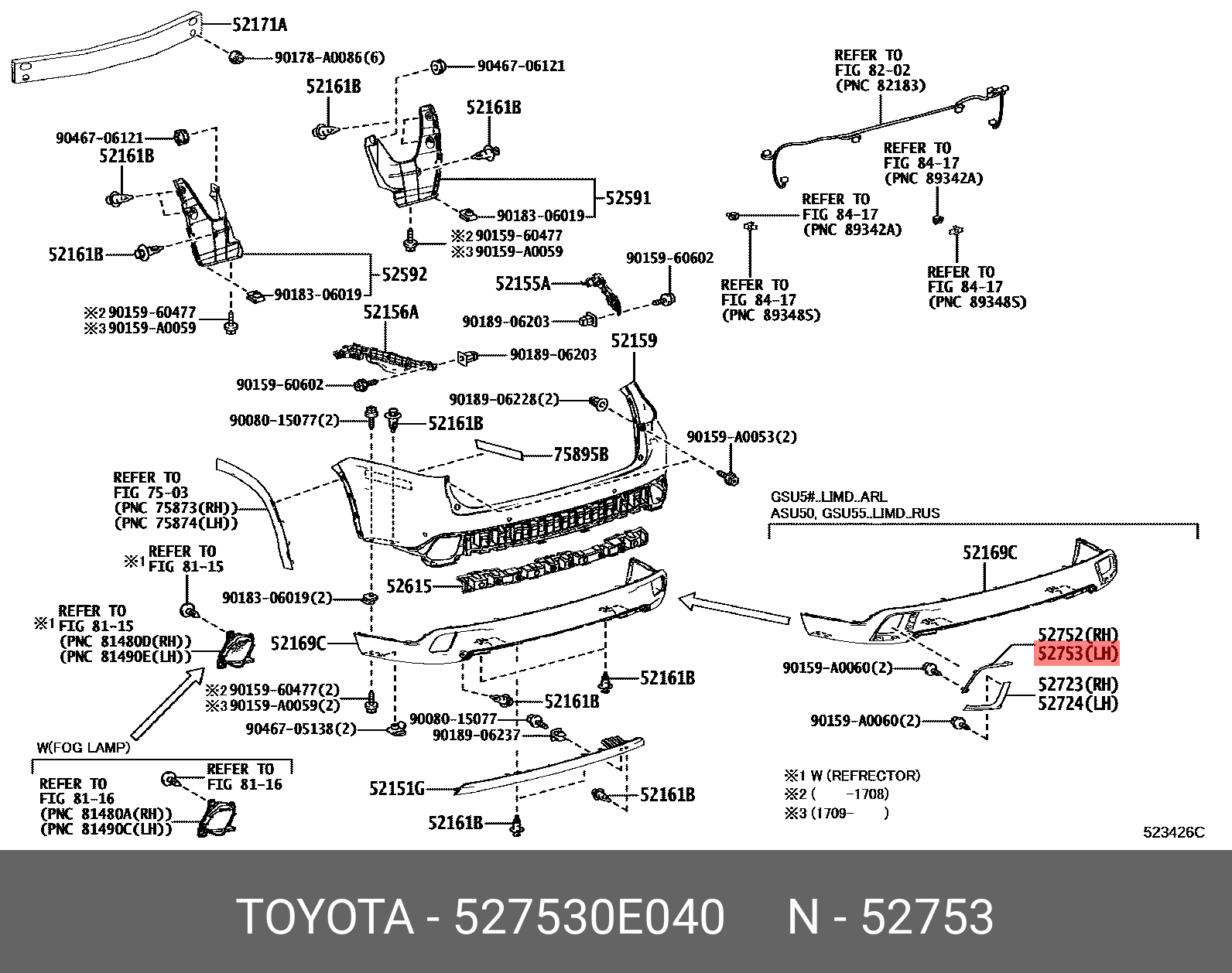 527530E040 TOYOTA MOULDING, REAR BUMPER SIDE, LH