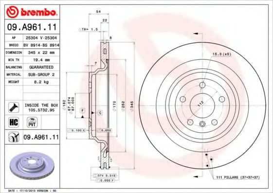 09A96111 BREMBO Тормозной диск