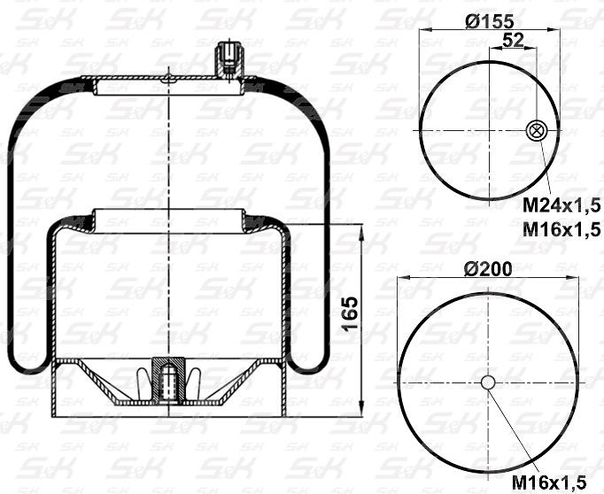 SK439001K01 S&K Пневмоподушка со стаканом (металл 1отв.M16x1.5) 4390NP01 1шп-штуц.M16/24x1.5