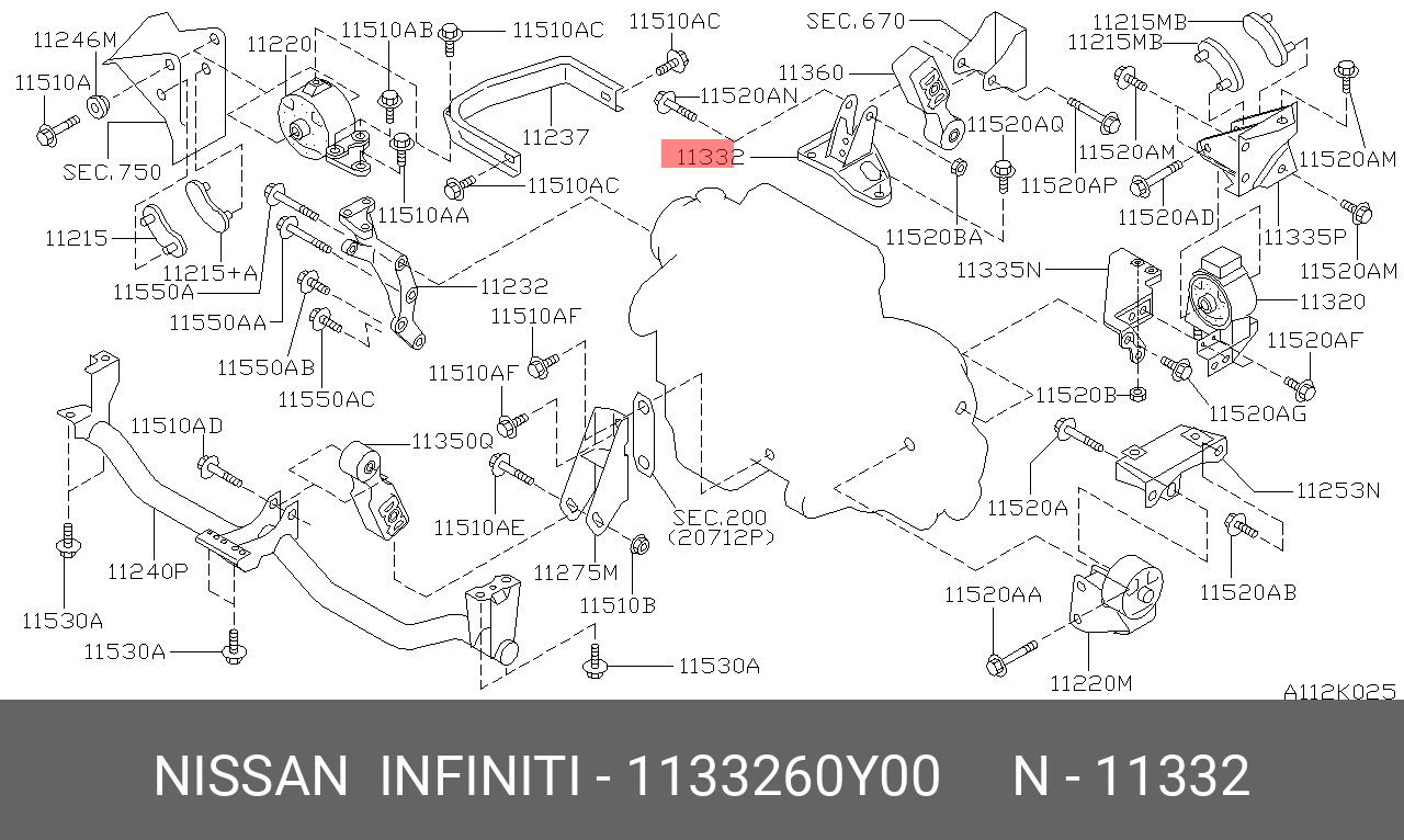 1133260Y00 NISSAN BRACKET-ENGINE MOUNTING,REAR RH