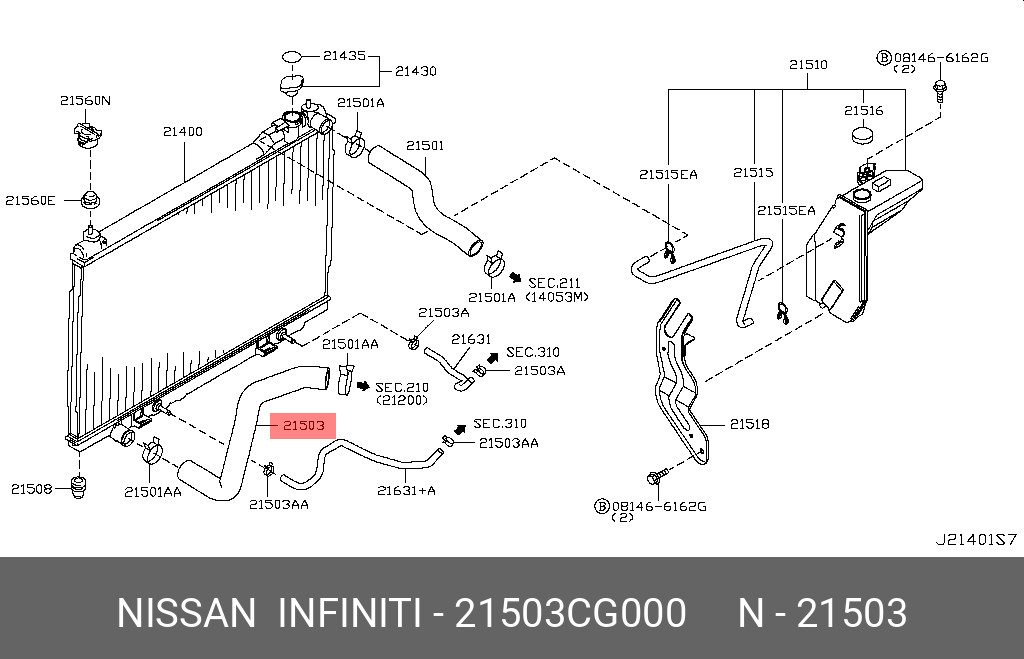 21503CG000 NISSAN Патрубок рад.нижн. S50