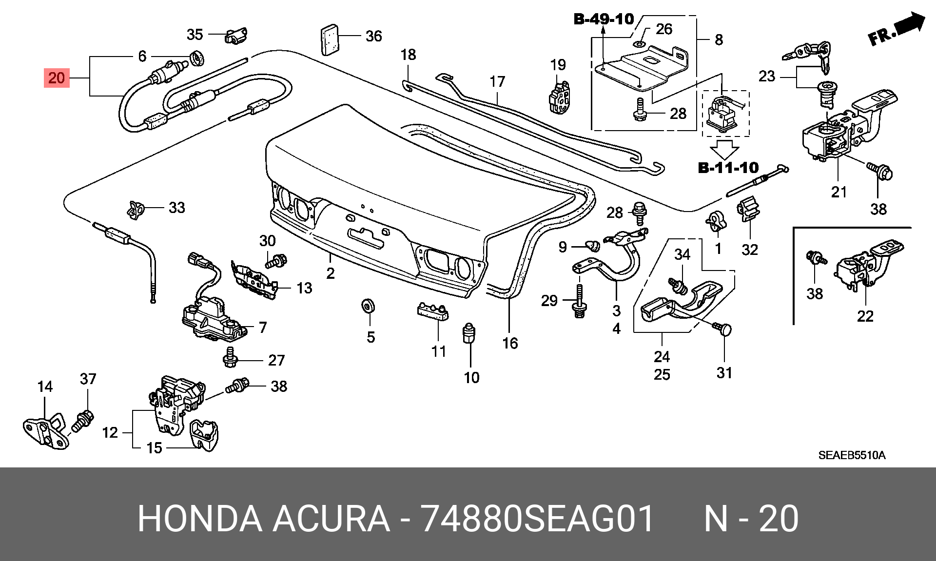 74880SEAG01 HONDA CABLE, TRUNK & FUEL LID OPENER