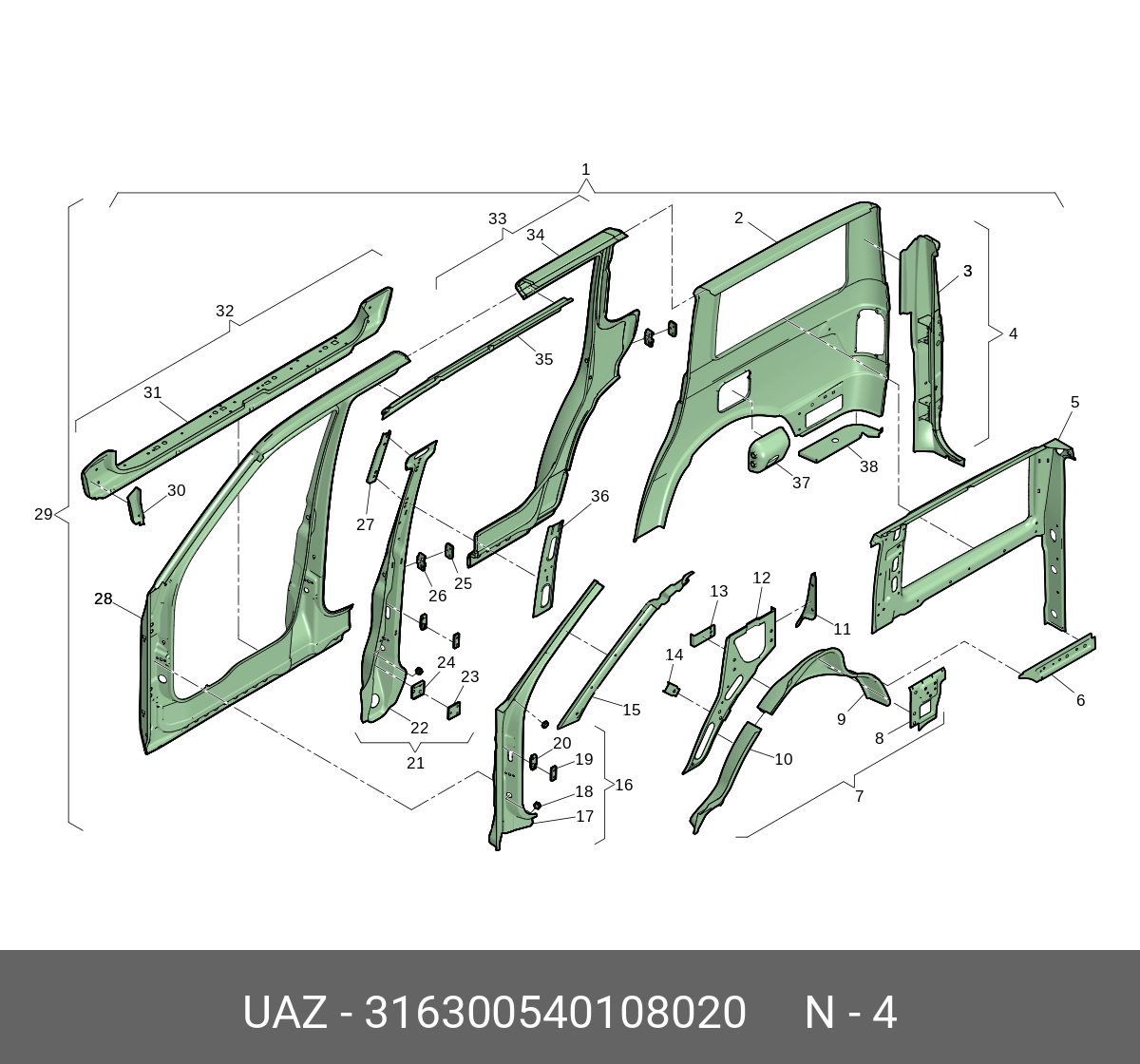 316300540108020 UAZ Боковой каркас кузова 316300540108020 UAZ Боковой каркас кузова