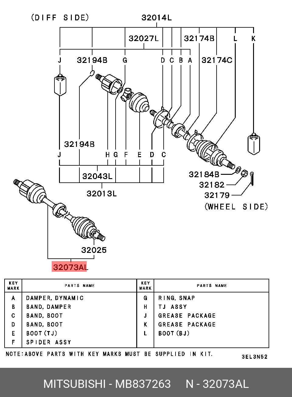 MB837263 MITSUBISHI Шарнирный комплект, приводной вал