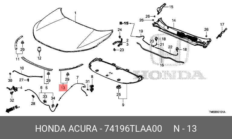 74196TLAA00 HONDA РЕЗИНОВАЯ ДЕТАЛЬ, ЛЕВ. УПЛОТНЕНИЕ КАПОТА