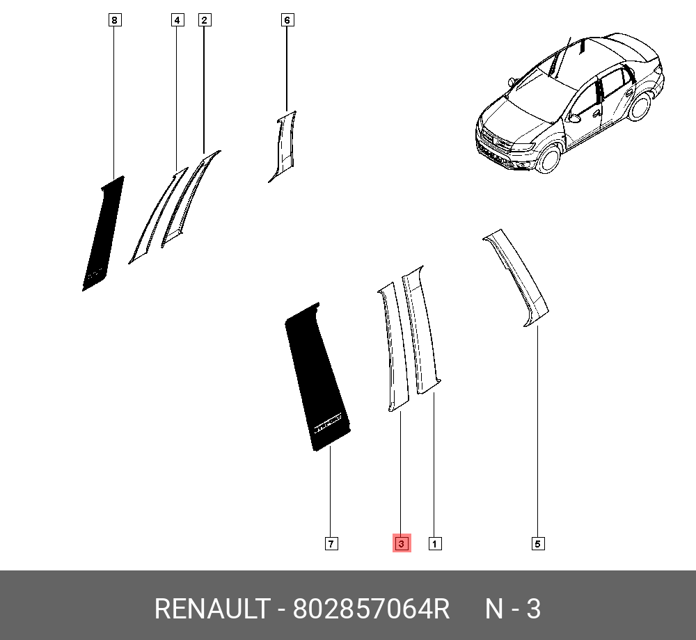 802857064R RENAULT НАКЛАДКА СТОЙКИ ДВЕРИ ПЕР ЛЕВ (ВИНИЛ) купить в  интернет-магазине AvtoTO