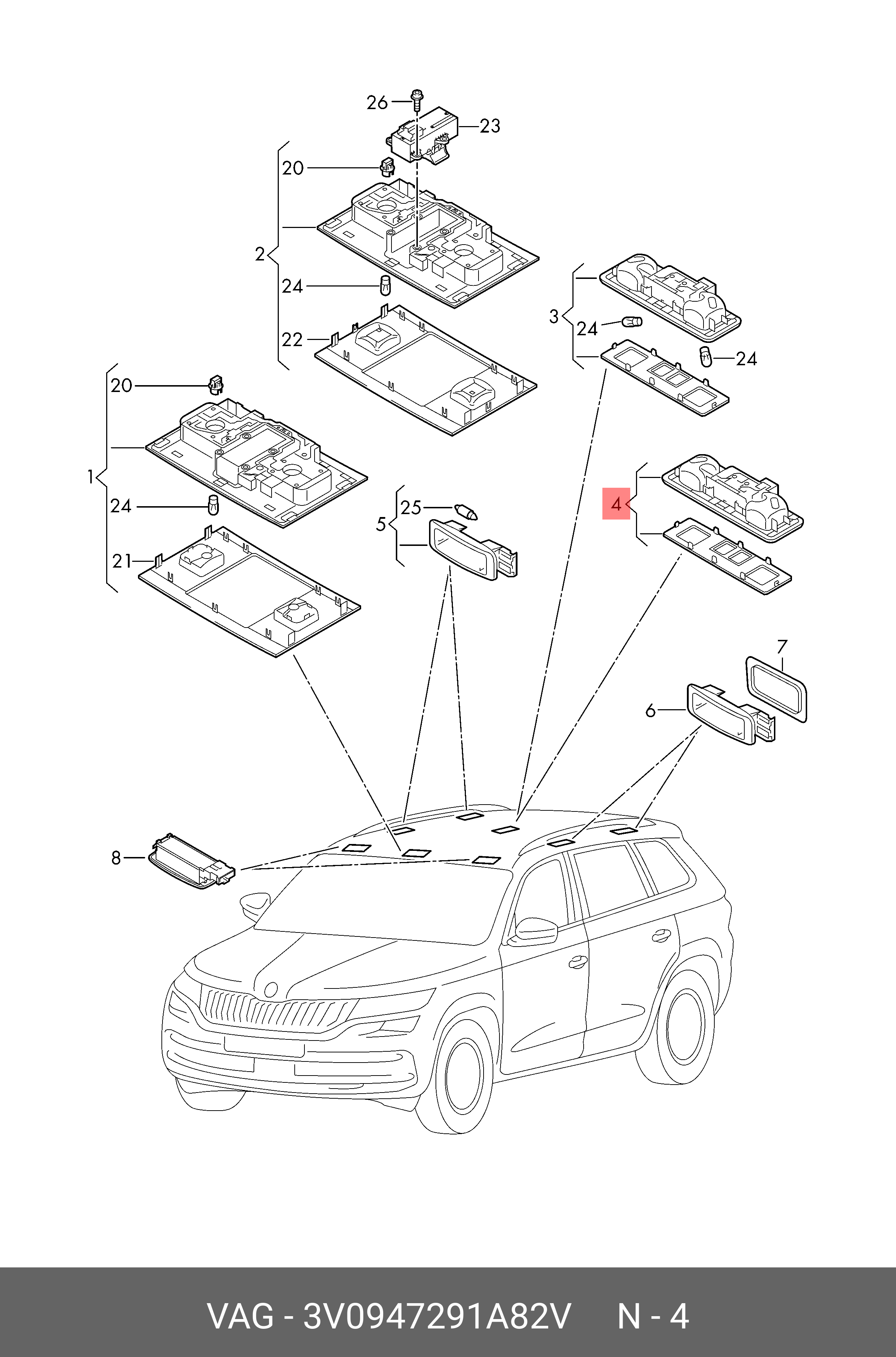 3V0947291A82V VAG Светодиодный фонарь для чтения титаново