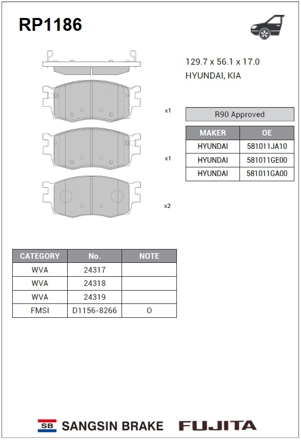 RP1186 SANGSIN BRAKE Колодки тормозные передние RP1186 Fujita