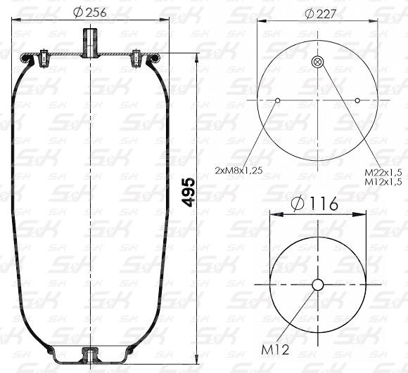 SK6318P01 S&K Пневморессора без поршня [Верх 1*M22, 2*M8  Низ 1*М12]